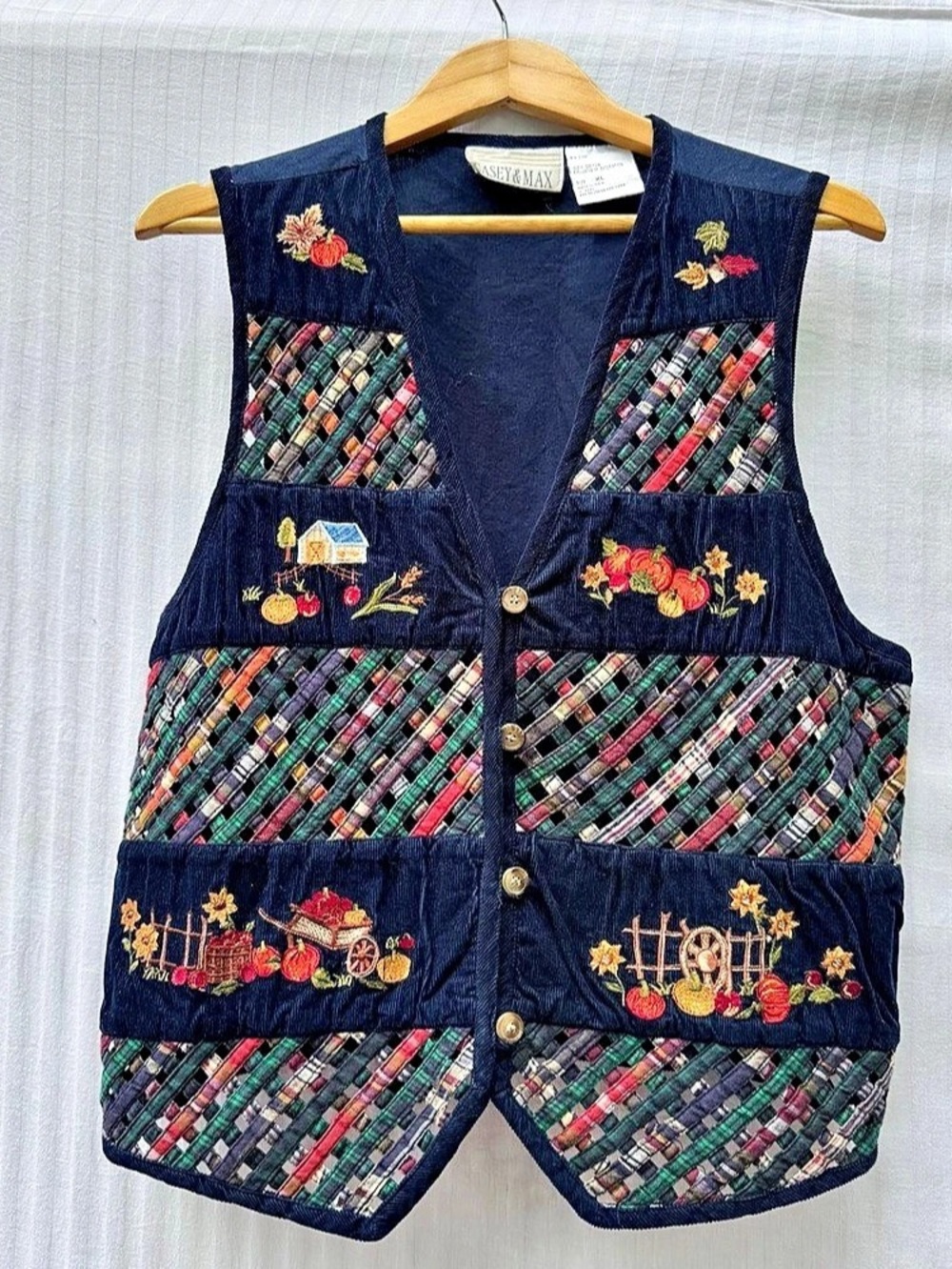Casey Max Vintage Fall Harvest Embroidered Plaid Lattice Corduroy Vest